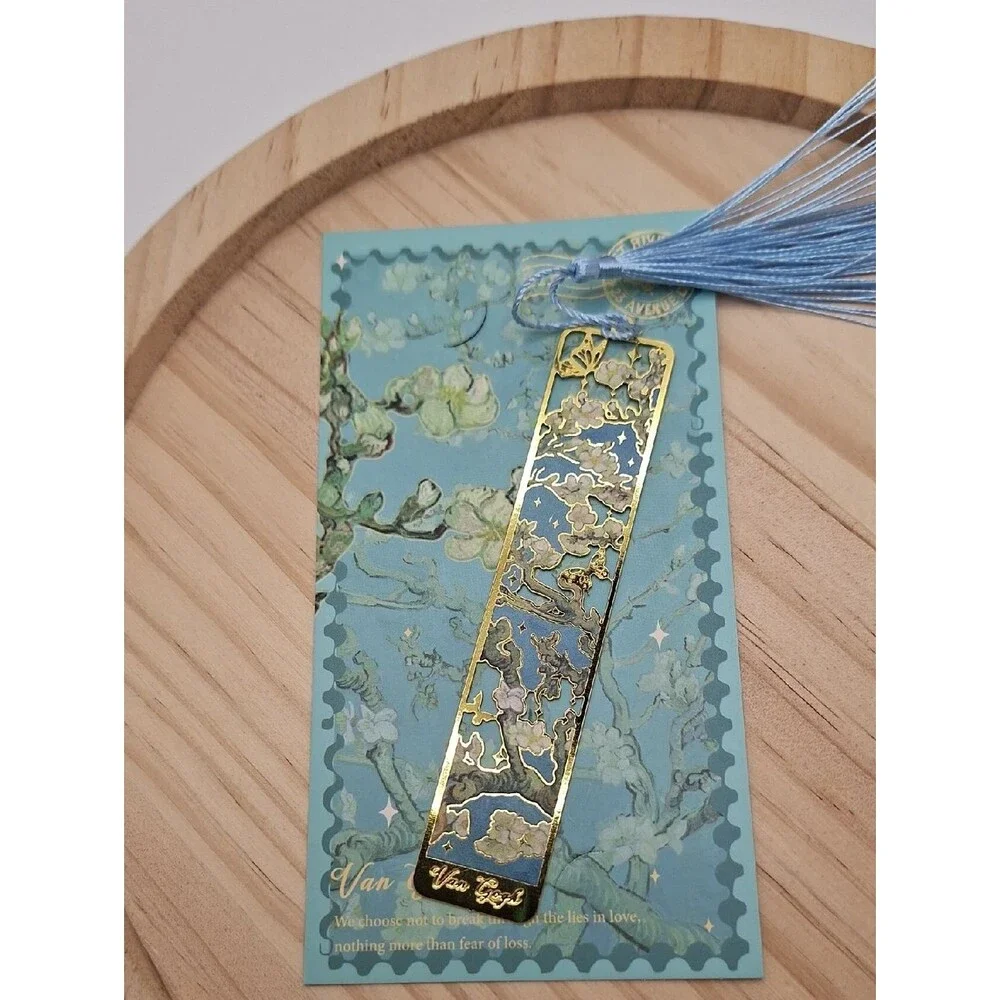 Van Gogh Almond Blossom Gold Bookmark with Blue Tassel